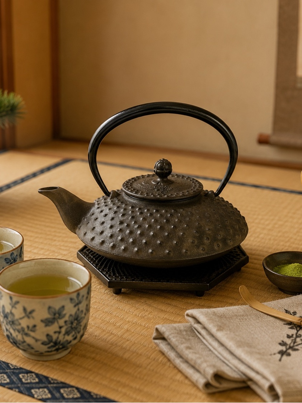 Iwachu Nambu Tekki Enamel Cast Iron Arare Teapot Trivet Infuser Japan